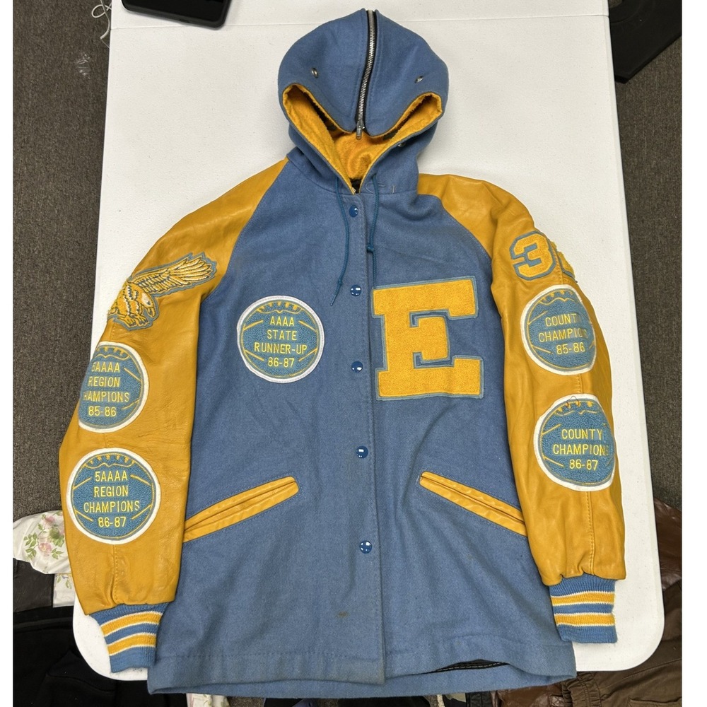 DeLong Varsity Jacket Mens 38 Blue Yellow Leather Wool Patches Hooded Vintage